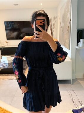 feathers Navy Off-Shoulder Embroidered Long Sleeve Dress